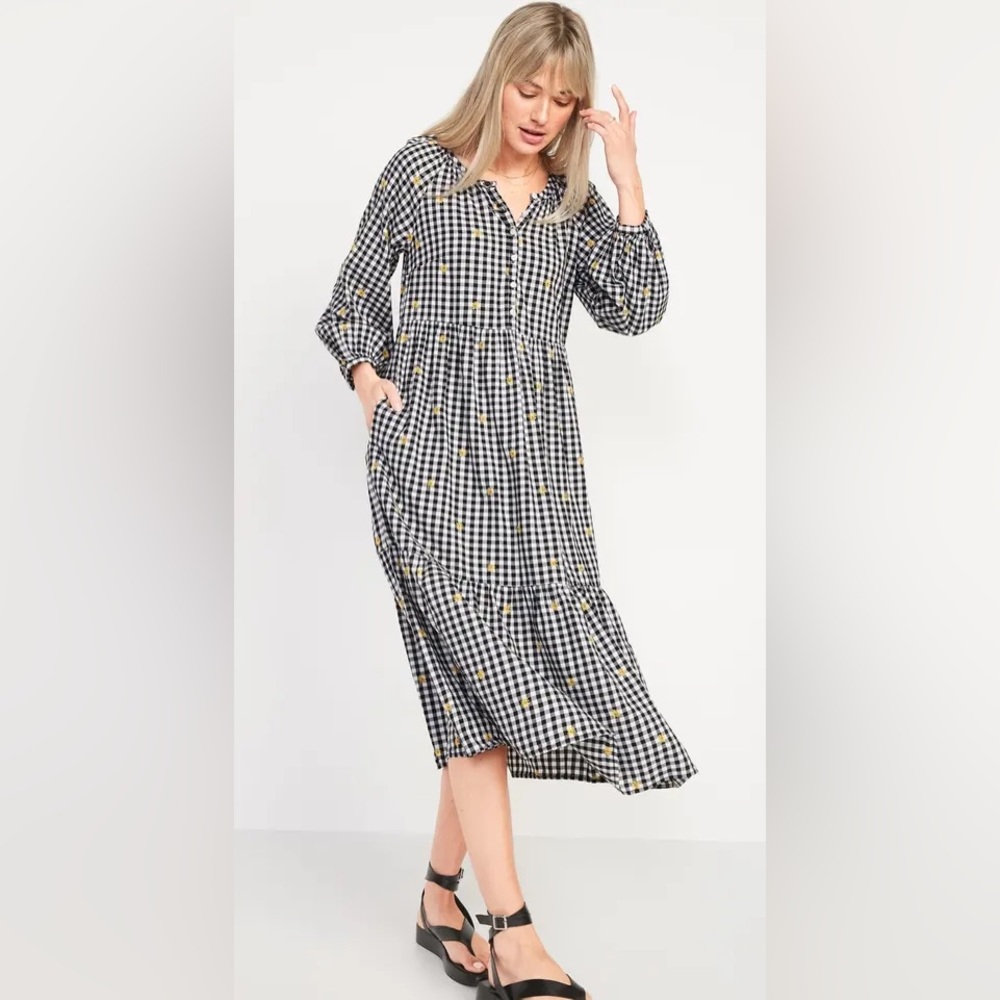 NWT OLD NAVY GINGAM EMBROIDERED FLORAL FLOWY MIDI DRESS